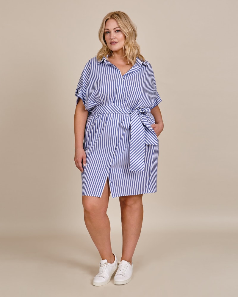 Front of a model wearing a size 3 WAEL Dress in Electric Blue Stripe by WINGATE. | dia_product_style_image_id:225917